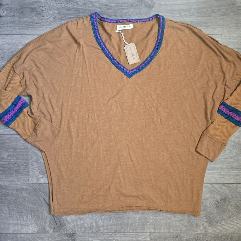 NWT Natural Life Top XL Brown Slub Knit Crochet Trim Raw Hem Boho Dolman Tunic